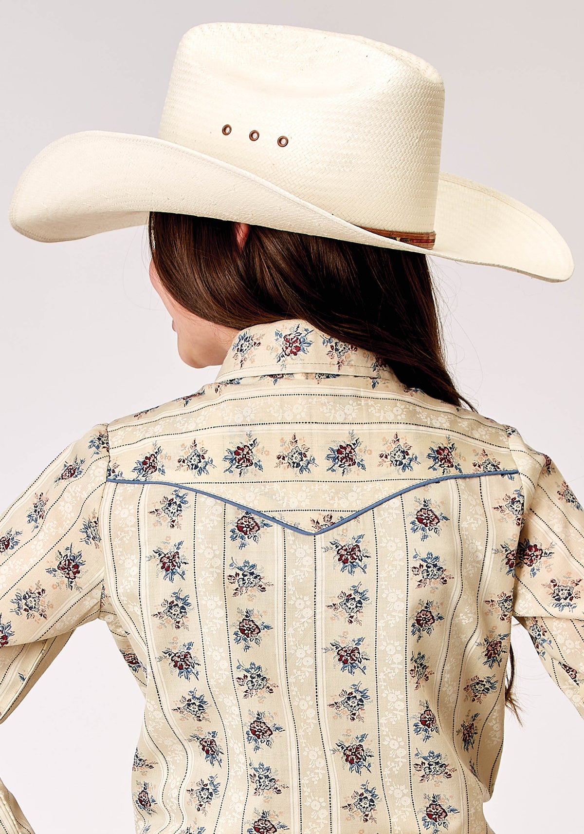 Roper Girls Long Sleeve Snap Floral Stripe Western Shirt With Solid Piping On Fro