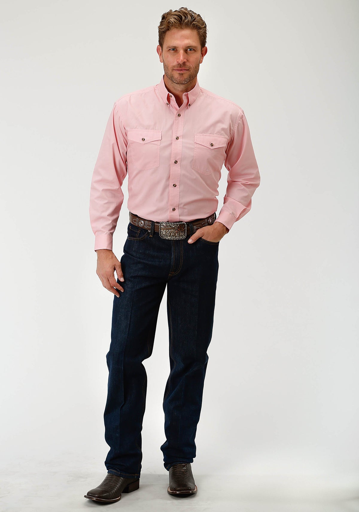 Roper Mens Pink Solid Long Sleeve Western Button Shirt