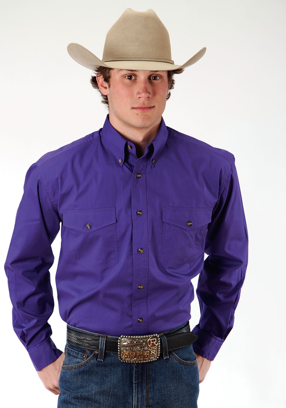 Roper Mens Purple Solid Long Sleeve Western Button Shirt