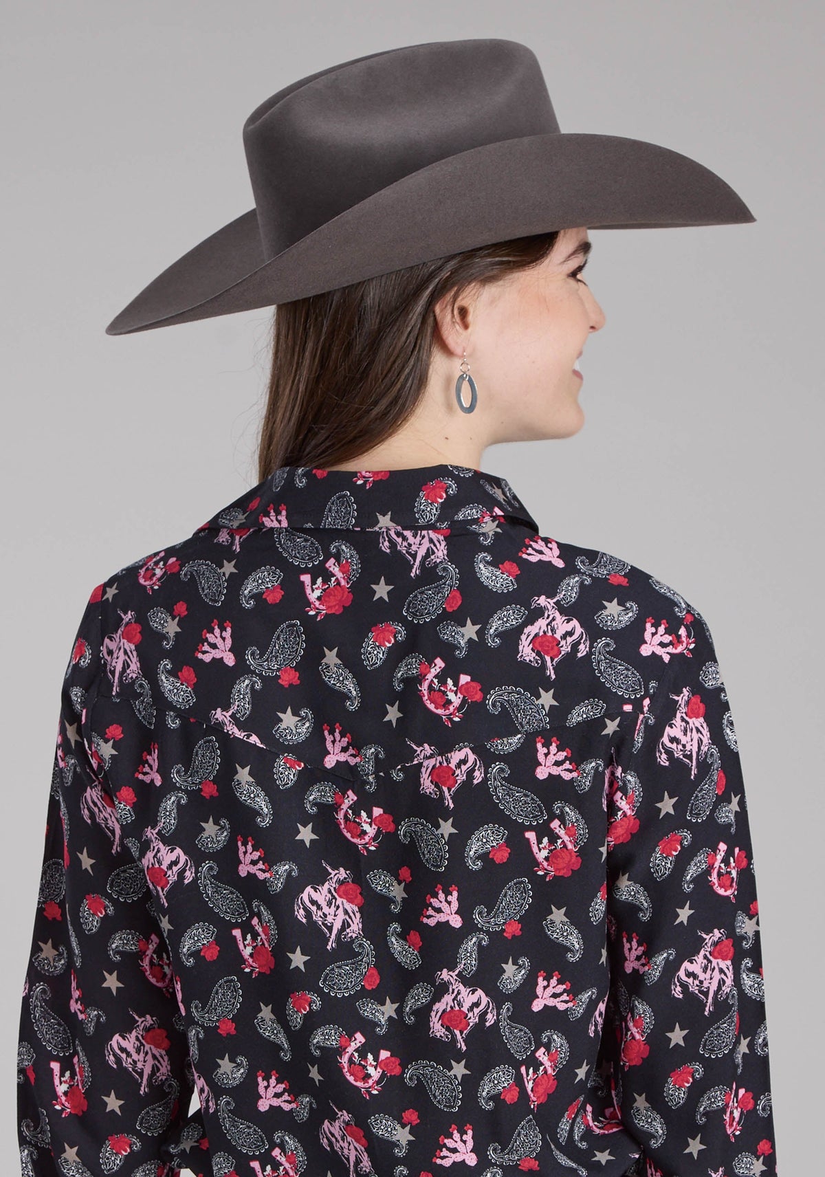 Roper Womens Bronc Riders Printed Rayon Blouse Long Sleeve Snap Western Shirt