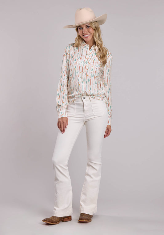 Roper Womens Roper Checker Stripe Printed Rayon Long Sleeve Snap Shirt
