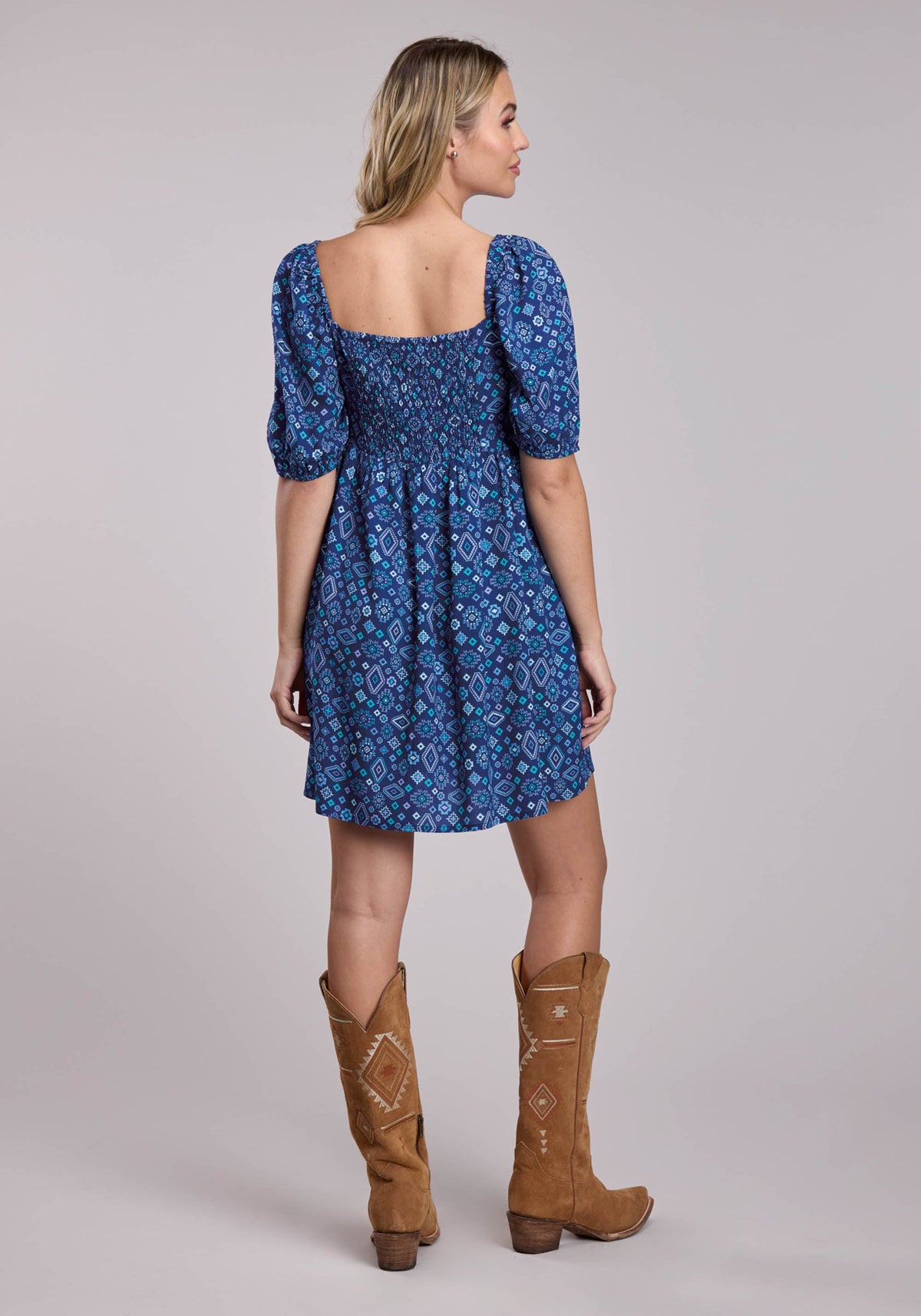 Roper Womens Roper Blue Aztec Babydoll Short Sleeve Dress