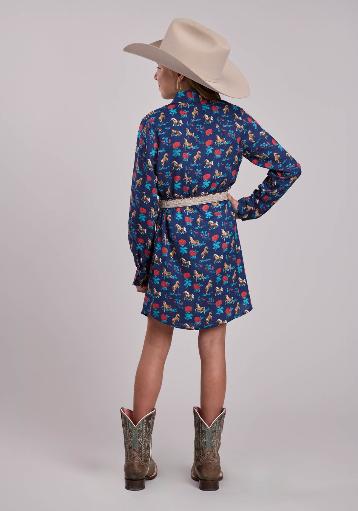 Roper Girls Roper Navy Roses Printed Rayon Long Sleeve Dress