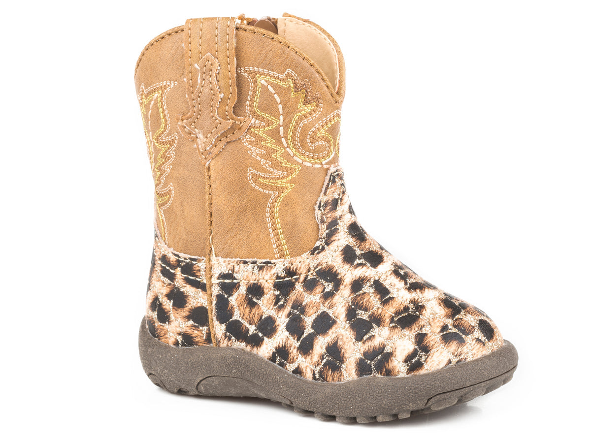 Roper Infant Girls Gold Glitter And Leopard Faux Leather Vamp With Tan Shaft Cowb