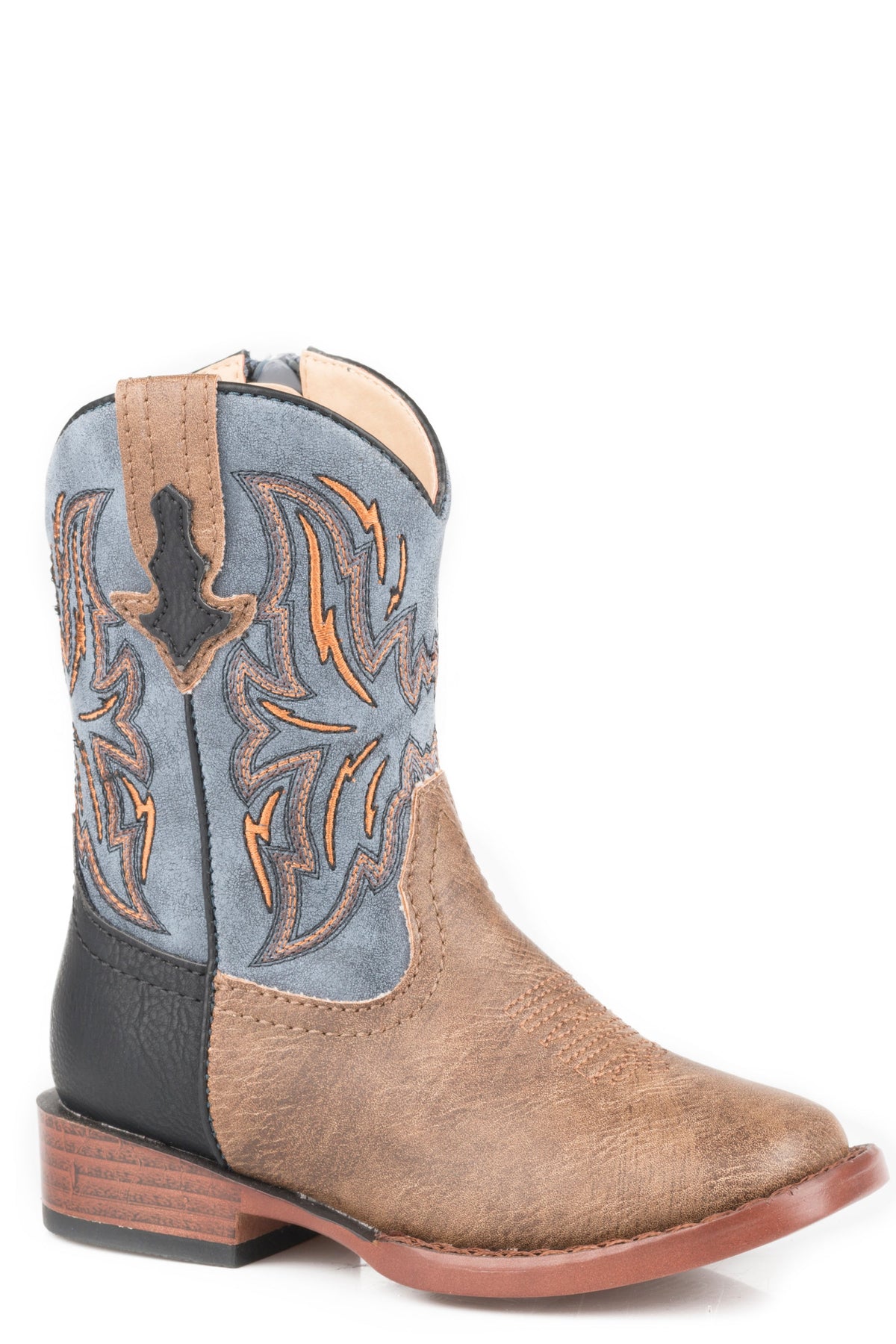 Roper Toddler Boys Tan Vamp With Black Heel Counter Boot Vintage Blue Shaft