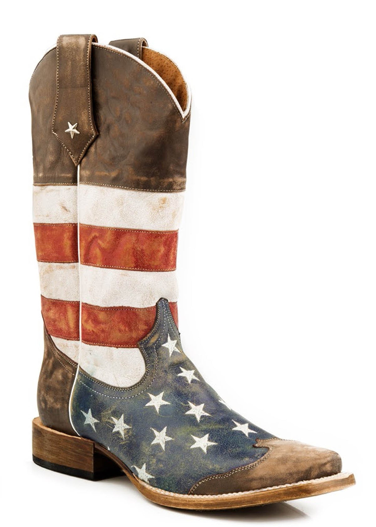 Roper Mens Leather Cowboy Boot American Flag Distressed Brown With Red White And