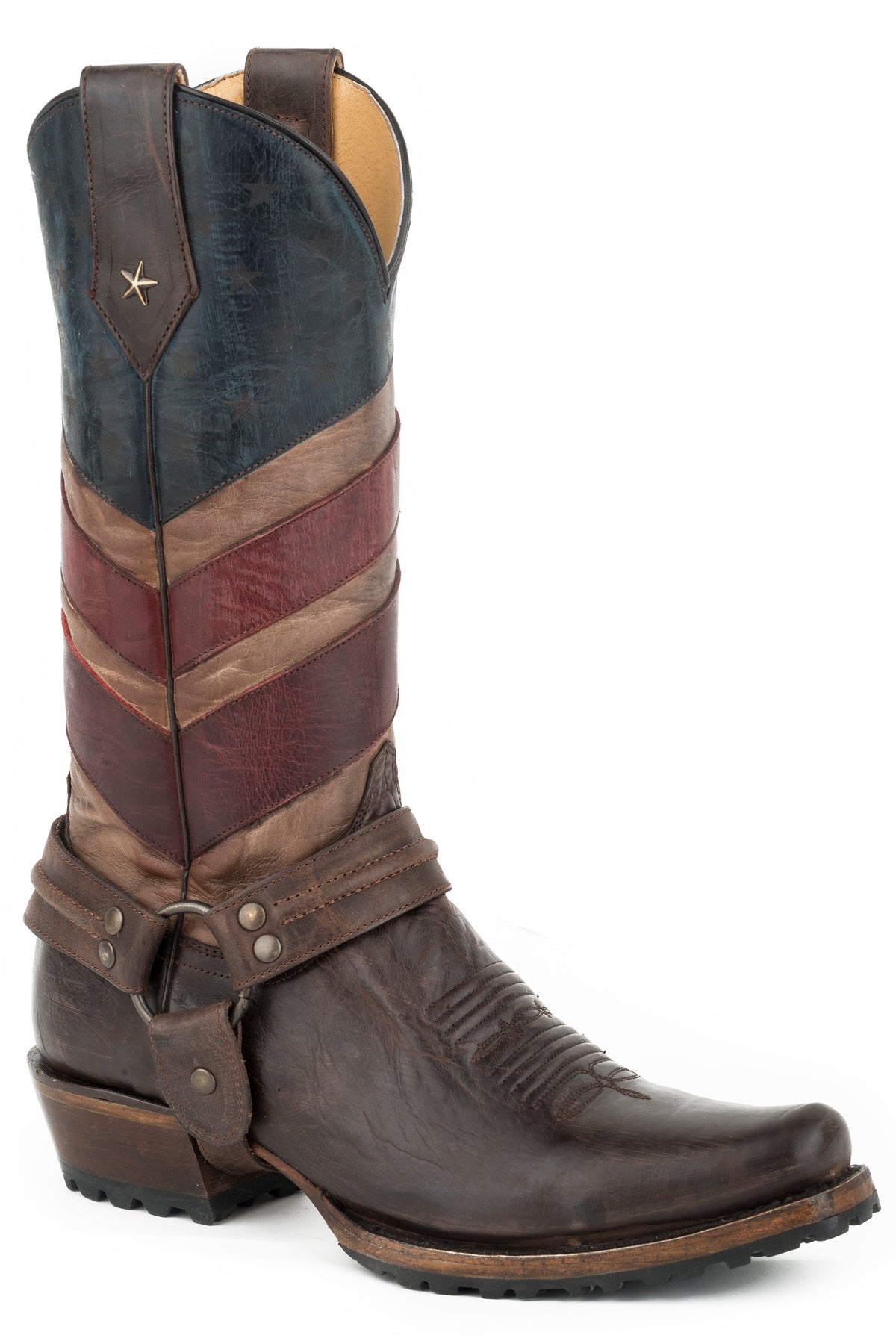 Roper Mens Leather Cowboy Boot Vintage American Flag Upper Waxy Brown Vamp With H