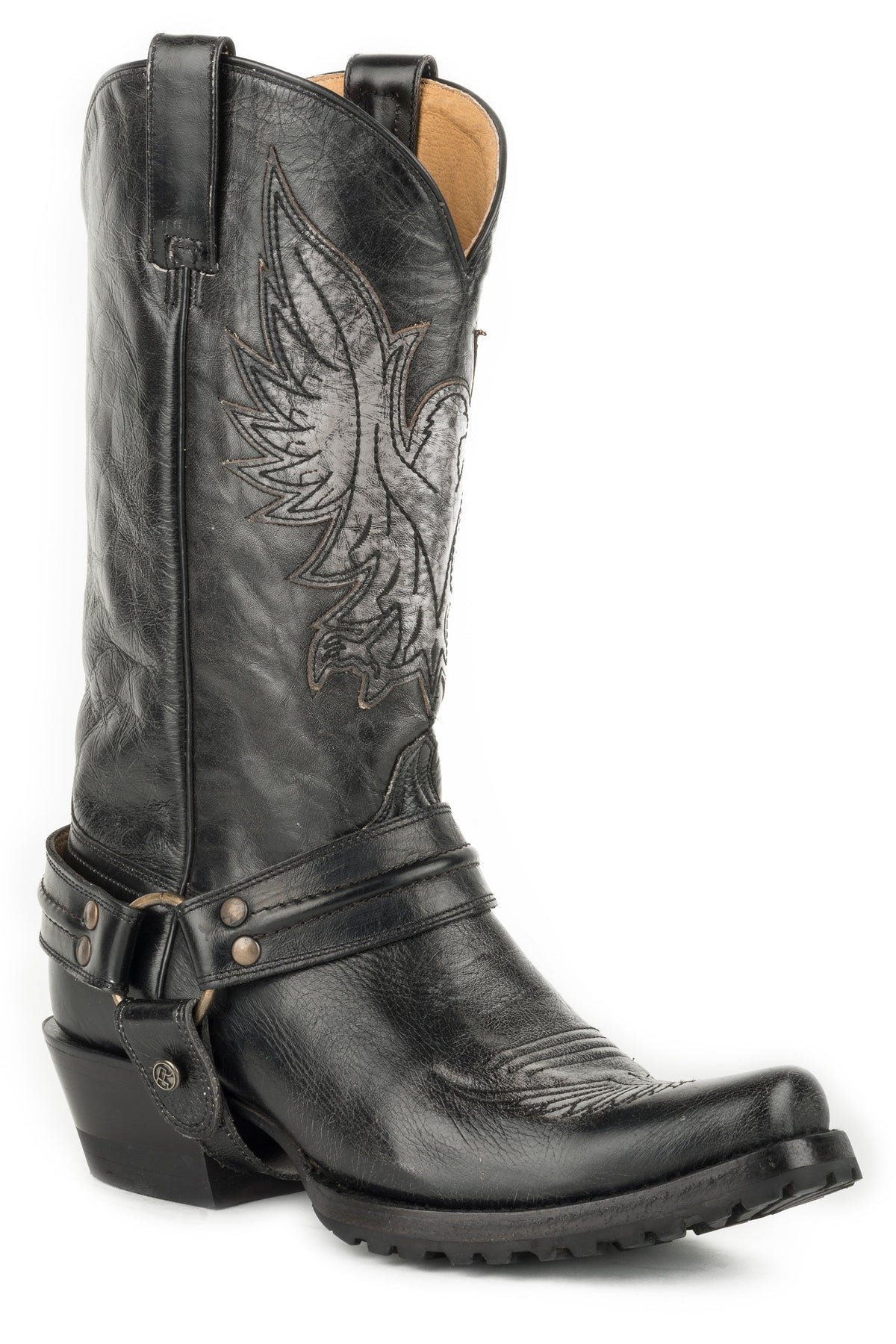 Roper Mens Leather Harness Boot All Black Polishable With Eagle Overlay On Upper