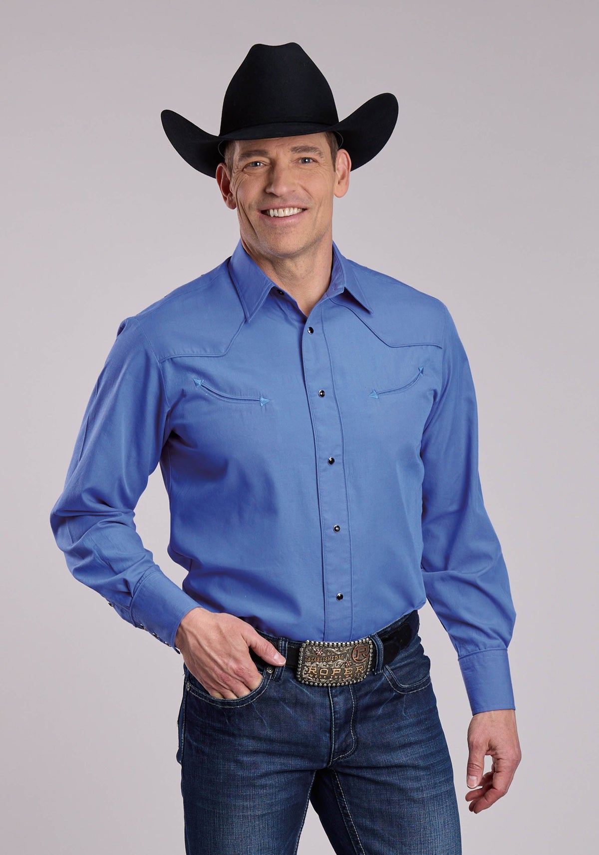 Roper Mens Roper Solid Blue Long Sleeve Snap Shirt