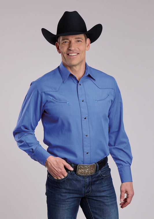 Roper Mens Roper Solid Blue Long Sleeve Snap Shirt