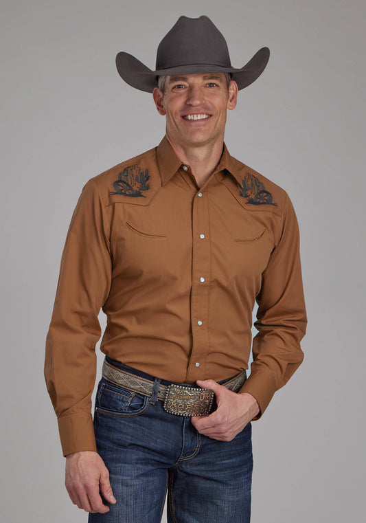 Roper Mens Solid Rust Long Sleeve Snap Western Shirt