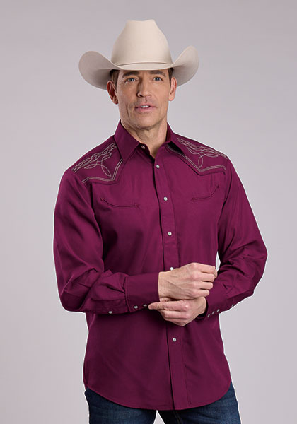 Roper Mens Long Sleeve Snap Solid Broadcloth - Wine Western Shirt