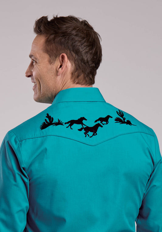 Roper Mens Roper Solid Turquoise Long Sleeve Snap Shirt