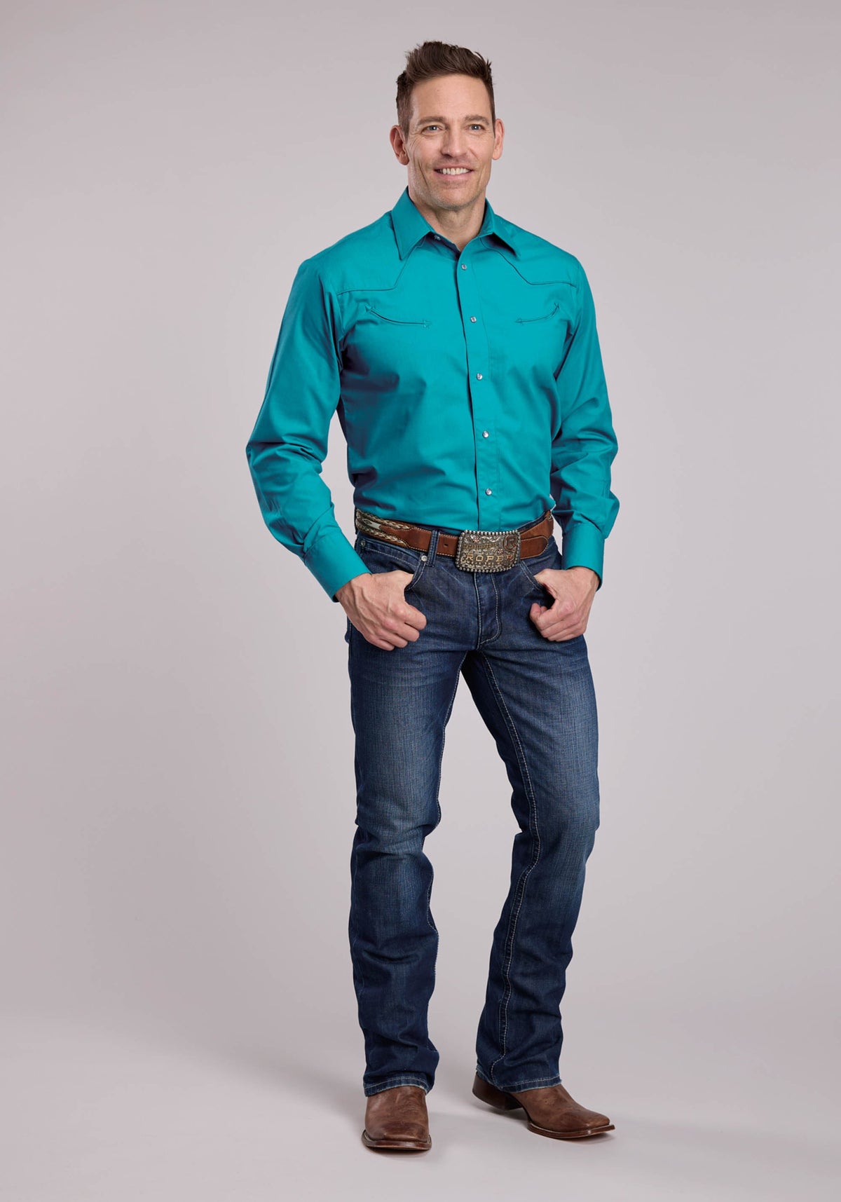 Roper Mens Roper Solid Turquoise Long Sleeve Snap Shirt