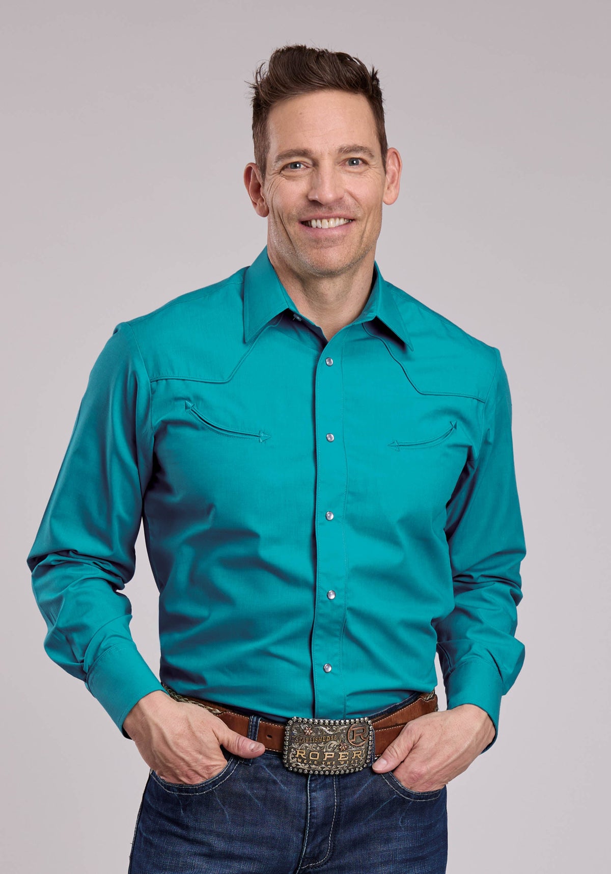 Roper Mens Roper Solid Turquoise Long Sleeve Snap Shirt