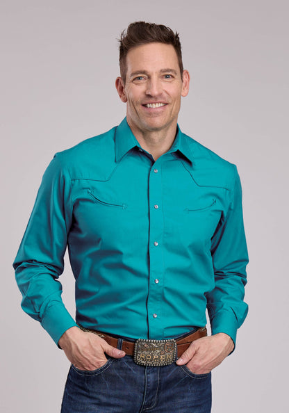 Roper Mens Roper Solid Turquoise Long Sleeve Snap Shirt