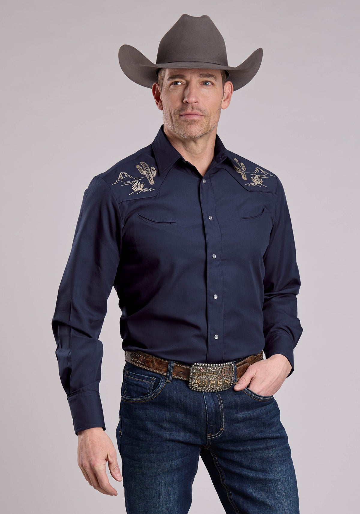 Roper Mens Long Sleeve Snap Deep Navy Solid Poplin Western Shirt