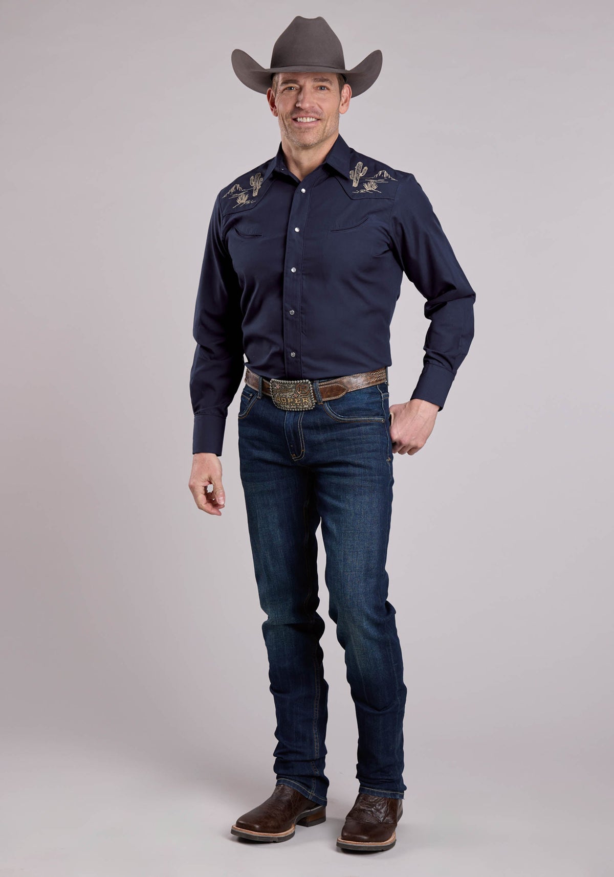 Roper Mens Long Sleeve Snap Deep Navy Solid Poplin Western Shirt