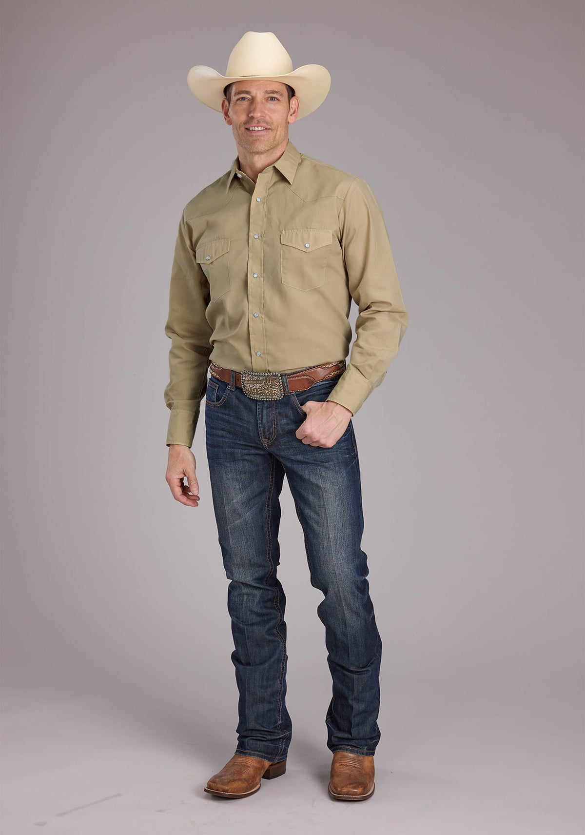 Roper Mens Solid Tan Long Sleeve Snap Western Shirt
