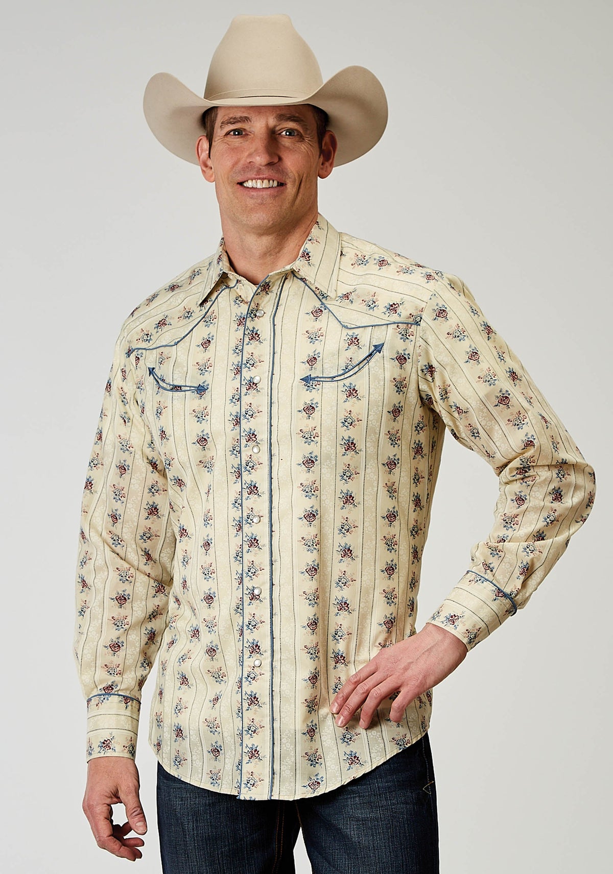 Roper Mens Long Sleeve Snap Floral Stripe Western Shirt With Solid Piping On Fron