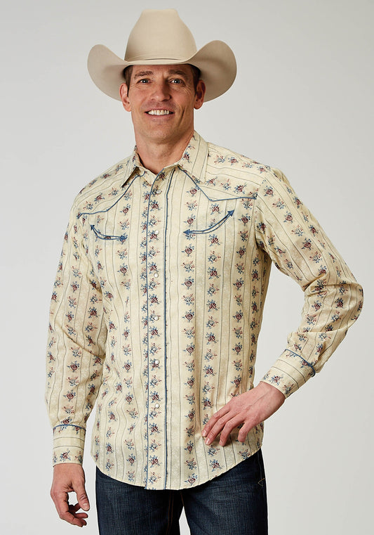 Roper Mens Long Sleeve Snap Floral Stripe Western Shirt With Solid Piping On Fron