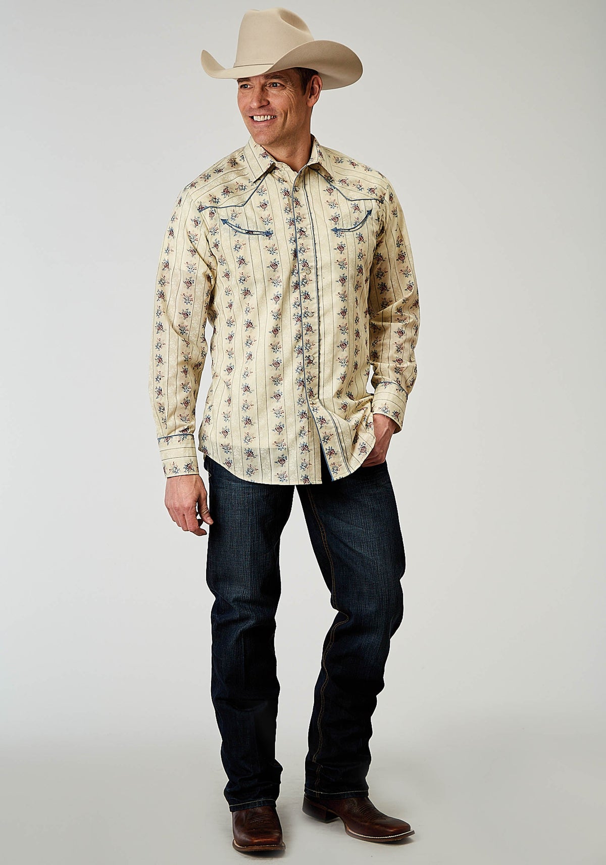 Roper Mens Long Sleeve Snap Floral Stripe Western Shirt With Solid Piping On Fron