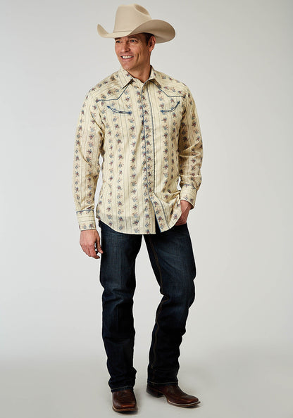 Roper Mens Long Sleeve Snap Floral Stripe Western Shirt With Solid Piping On Fron