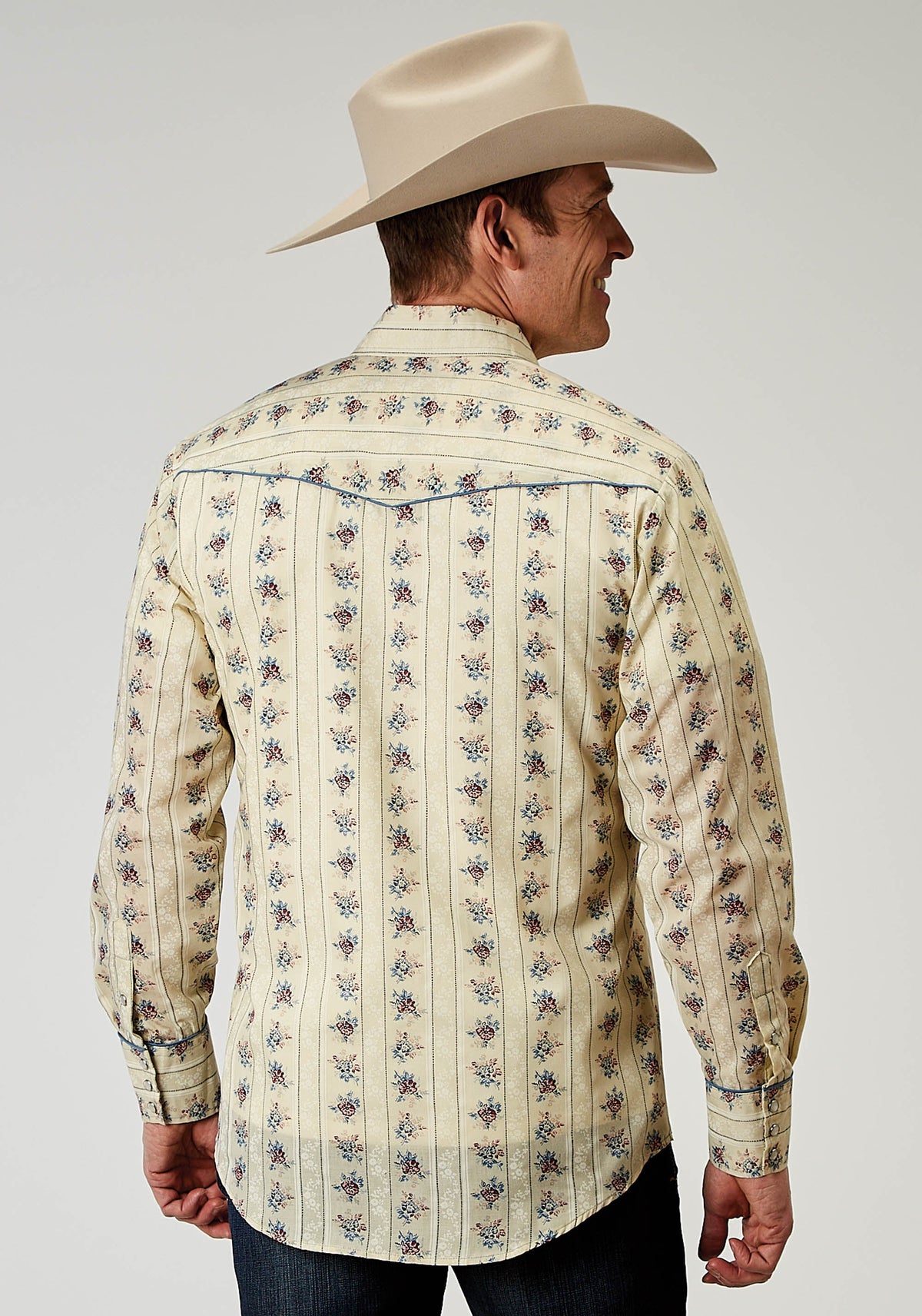 Roper Mens Long Sleeve Snap Floral Stripe Western Shirt With Solid Piping On Fron