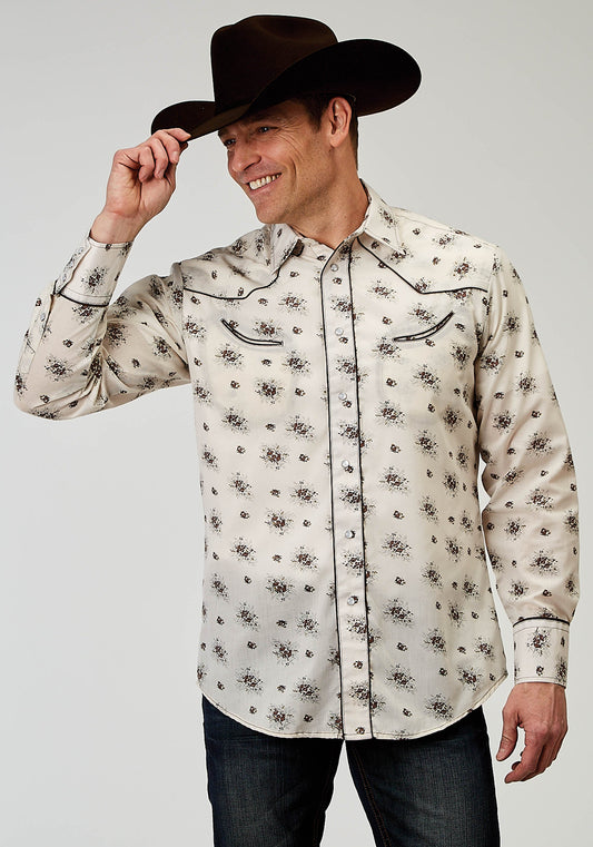 Roper Mens Long Sleeve Snap Vintage Floral Western Shirt With Solid Piping On Fro