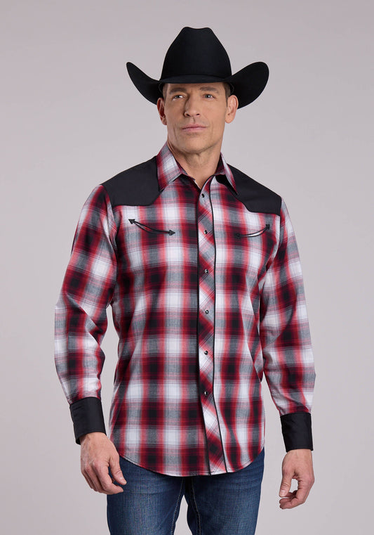 Roper Mens Roper Black Red  White Long Sleeve Snap Shirt