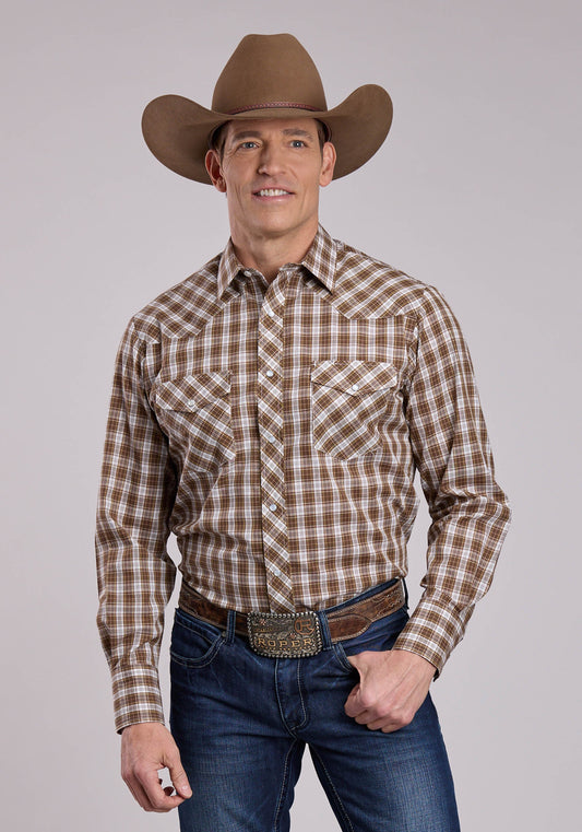 Roper Mens Roper Brown Plaid Long Sleeve Snap Shirt