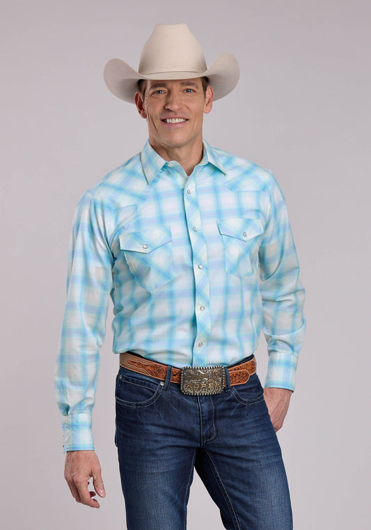 Roper Mens Roper Cyan Plaid Long Sleeve Snap Shirt