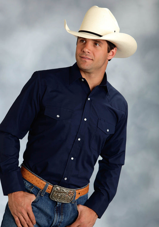 Roper Mens Long Sleeve Snapsolid Broadcloth  Navy Western Shirt Tall Fit
