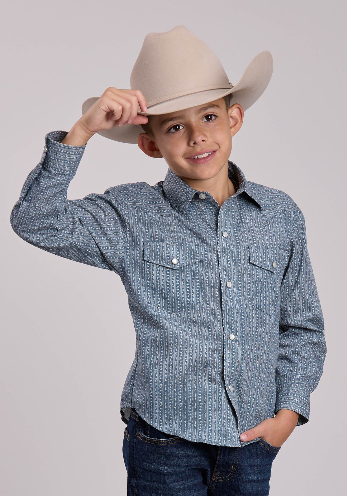 Roper Boys Roper Blue  Cream Floral Wallpaper Stripe Long Sleeve Snap Shirt