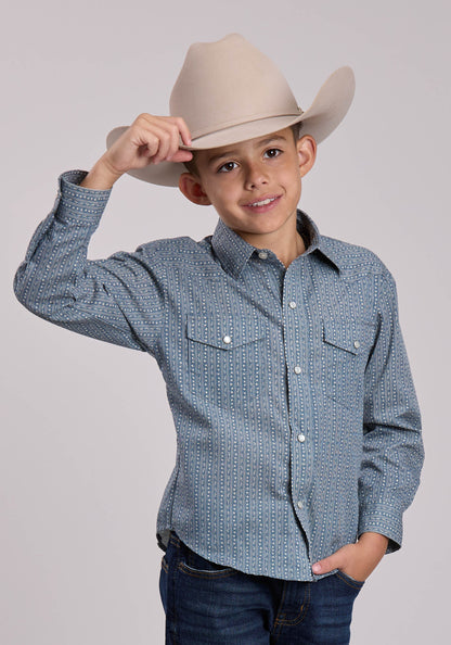 Roper Boys Roper Blue  Cream Floral Wallpaper Stripe Long Sleeve Snap Shirt