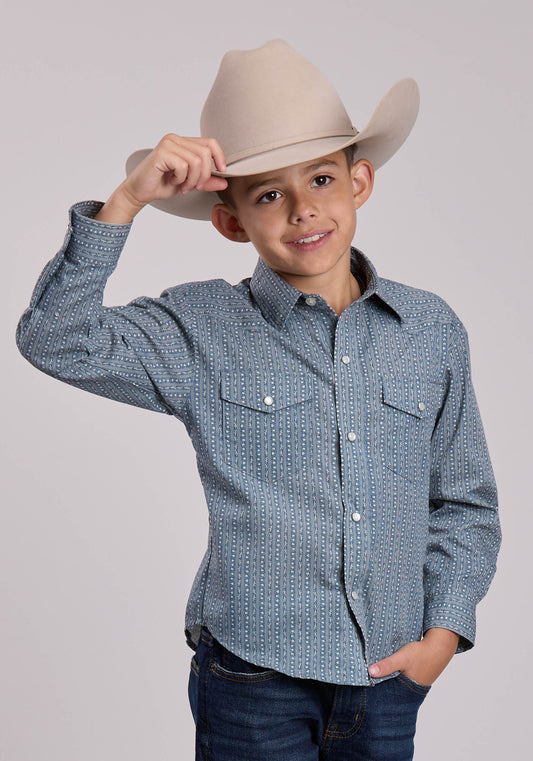 Roper Boys Roper Blue  Cream Floral Wallpaper Stripe Long Sleeve Snap Shirt