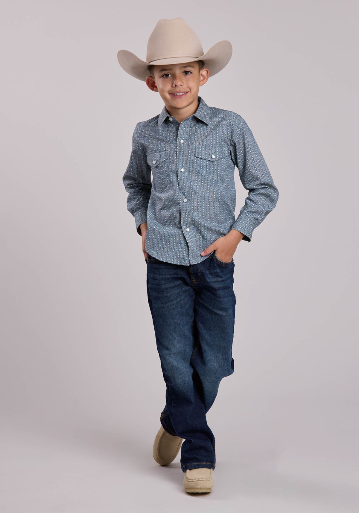 Roper Boys Roper Blue  Cream Floral Wallpaper Stripe Long Sleeve Snap Shirt