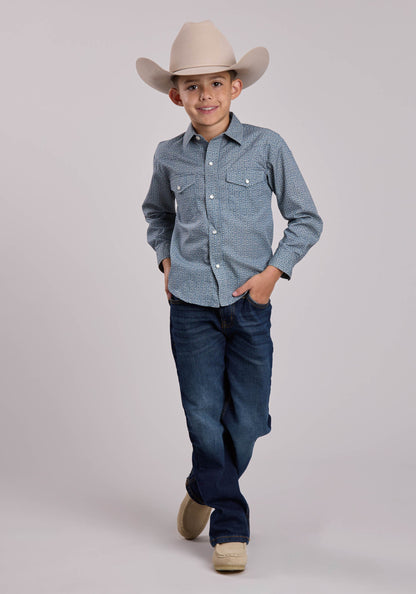 Roper Boys Roper Blue  Cream Floral Wallpaper Stripe Long Sleeve Snap Shirt