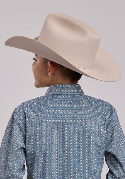 Roper Boys Roper Blue  Cream Floral Wallpaper Stripe Long Sleeve Snap Shirt