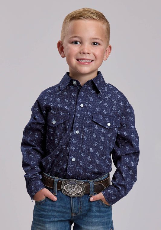 Roper Boys Roper Navy And Light Grey Floral Print Western Snap Shirt