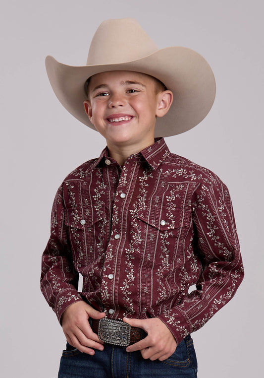 Roper Boys Roper Brick Red And Cream Print Western Snap Shirt