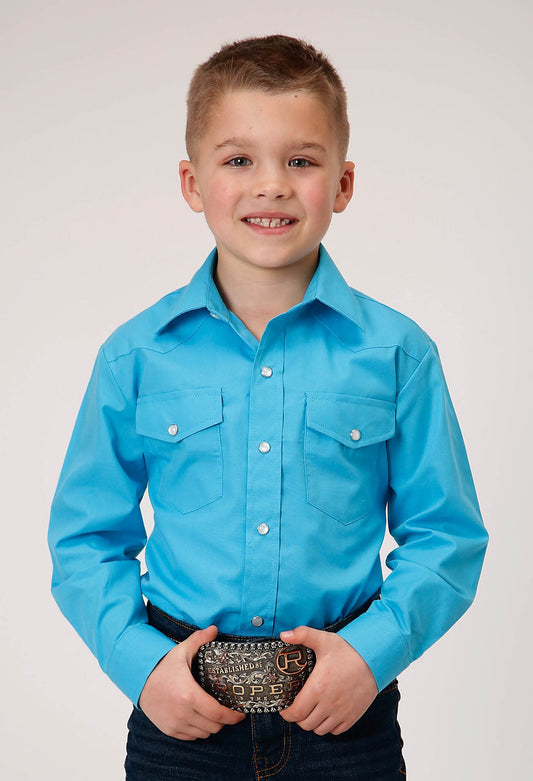 Roper Boys Long Sleeve Snap Solid Broadcloth  Turquoise Western Shirt