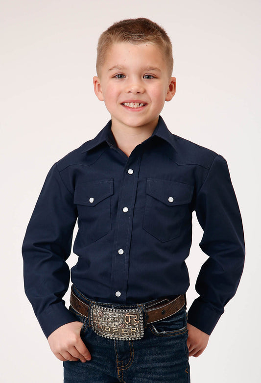 Roper Boys Long Sleeve Snap Solid Broadcloth  Navy Western Shirt