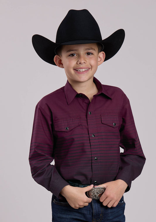 Roper Boys Roper Wine  Black Border Stripe Long Sleeve Snap Shirt