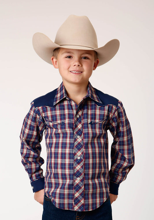 Roper Boys Long Sleeve Snap Navy Red Cream Plaid Western Shirt With Solid Yokes A