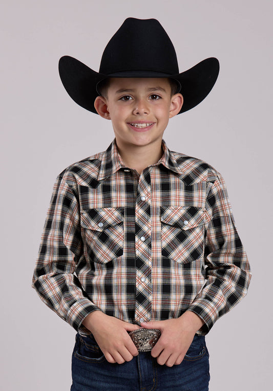 Roper Boys Roper Black White  Tan Plaid Long Sleeve Snap Shirt