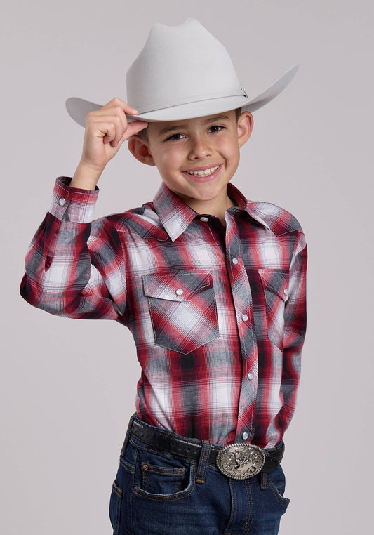 Roper Boys Roper Black Red  White Plaid Long Sleeve Snap Shirt