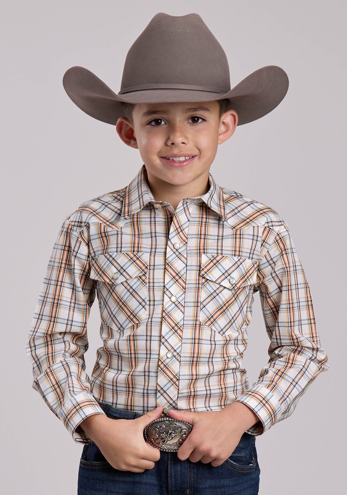 Roper Boys Roper Cream  Orange Plaid Long Sleeve Snap Shirt