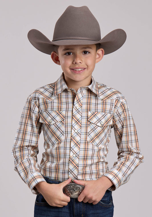 Roper Boys Roper Cream  Orange Plaid Long Sleeve Snap Shirt