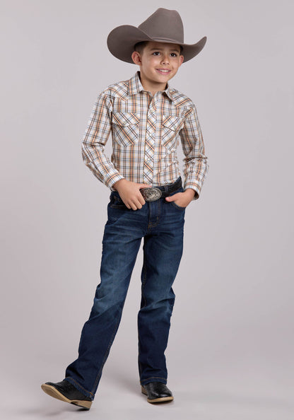 Roper Boys Roper Cream  Orange Plaid Long Sleeve Snap Shirt